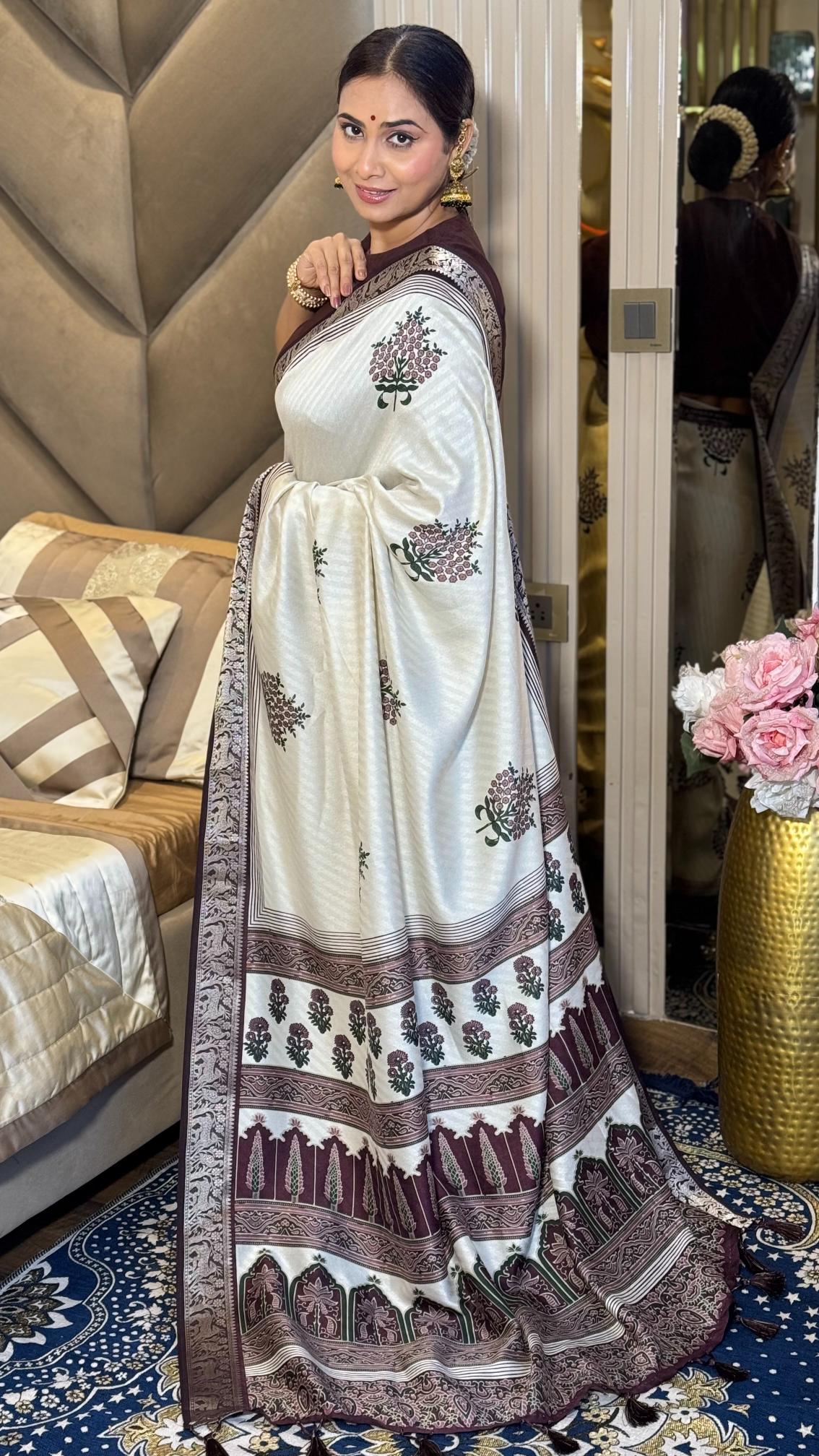 Adorable Wine And Cream Ajrakh Kashmiri Modal silk Buta Leriya Saree