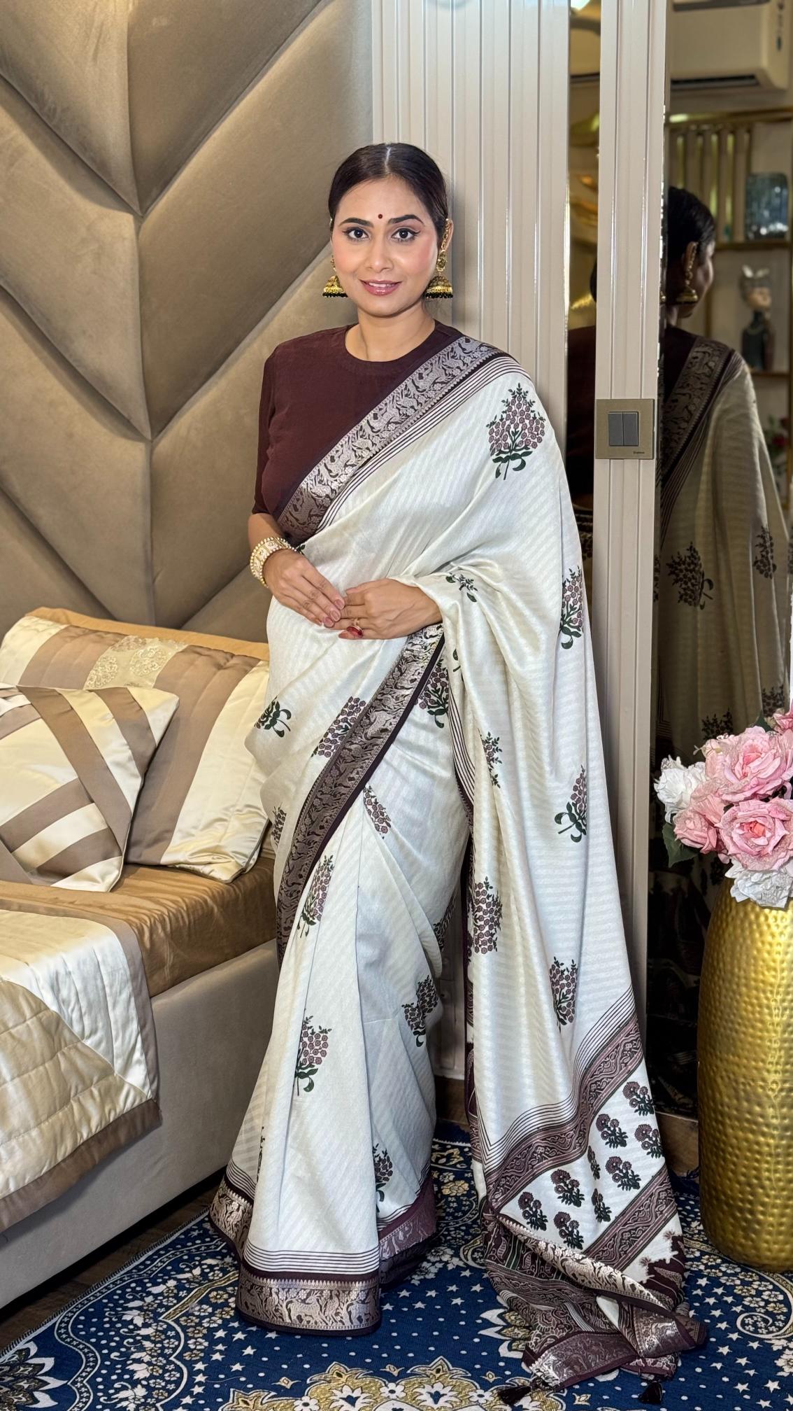 Adorable Wine And Cream Ajrakh Kashmiri Modal silk Buta Leriya Saree