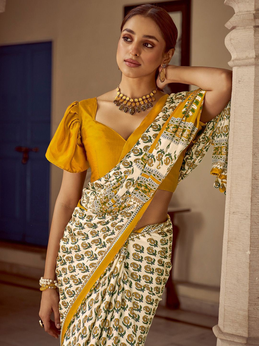 Snowy White And Yellow New Ajrakh Printed Satin Crepe Saree