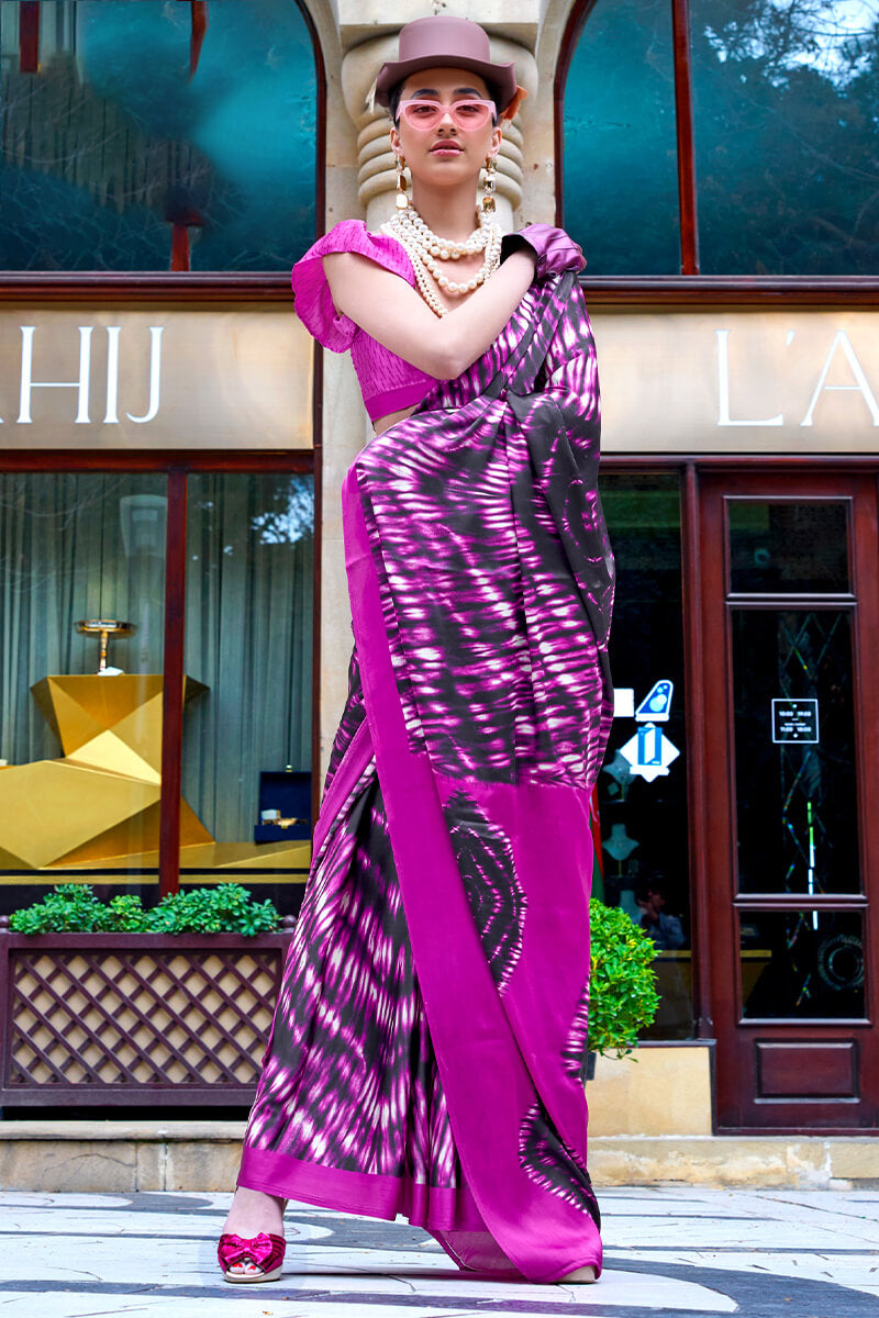 Exclusive Magenta Printed Satin Crepe Silk Saree