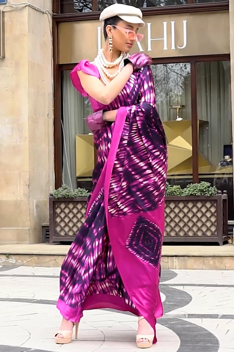 Exclusive Magenta Printed Satin Crepe Silk Saree