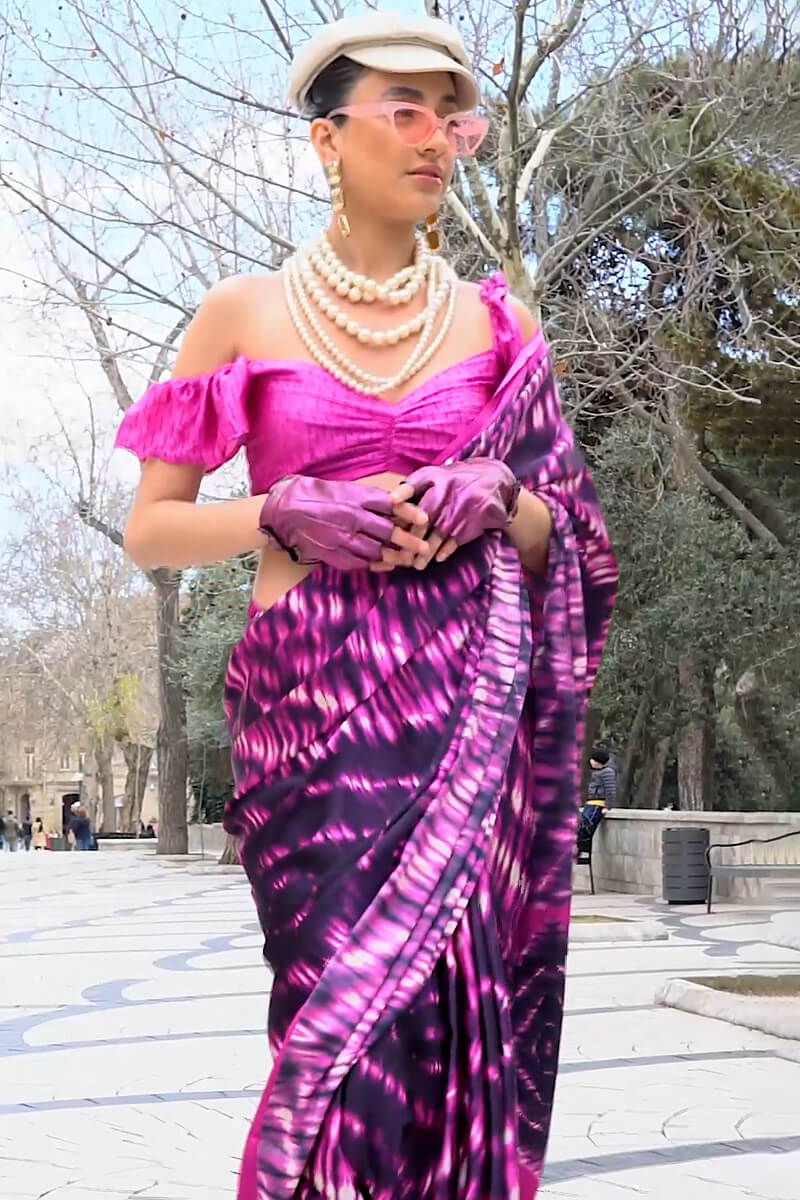 Exclusive Magenta Printed Satin Crepe Silk Saree