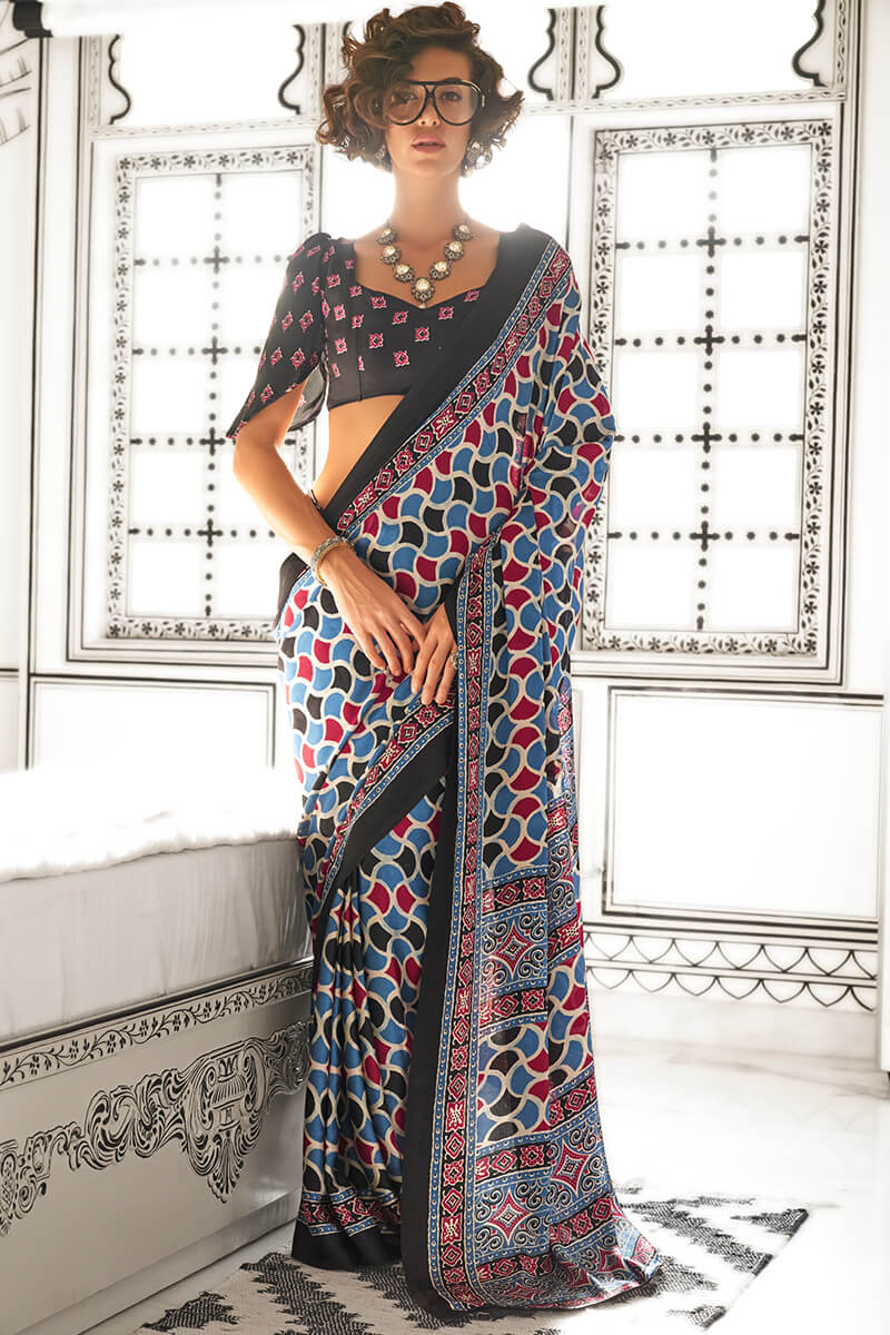 Blue and Red Printed Ajrakh Satin Crepe Saree