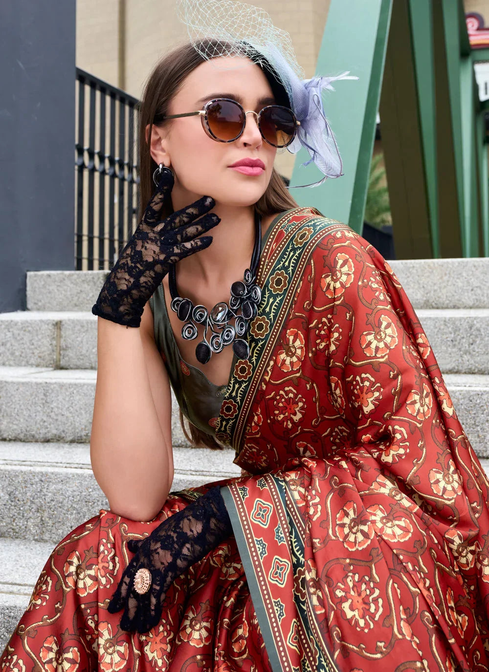 Modern Office Wear Ajrakh Printed Satin Crepe Saree