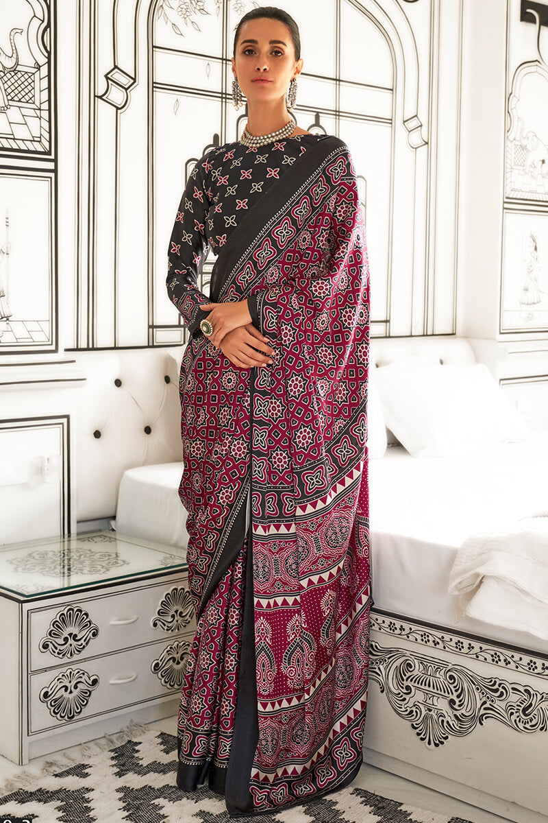 Wine Red Printed Ajrakh Satin Crepe Saree